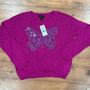 Jessica Simpson NWT Girls Purple Sequin Butterfly Sweater SZ Large L Top
